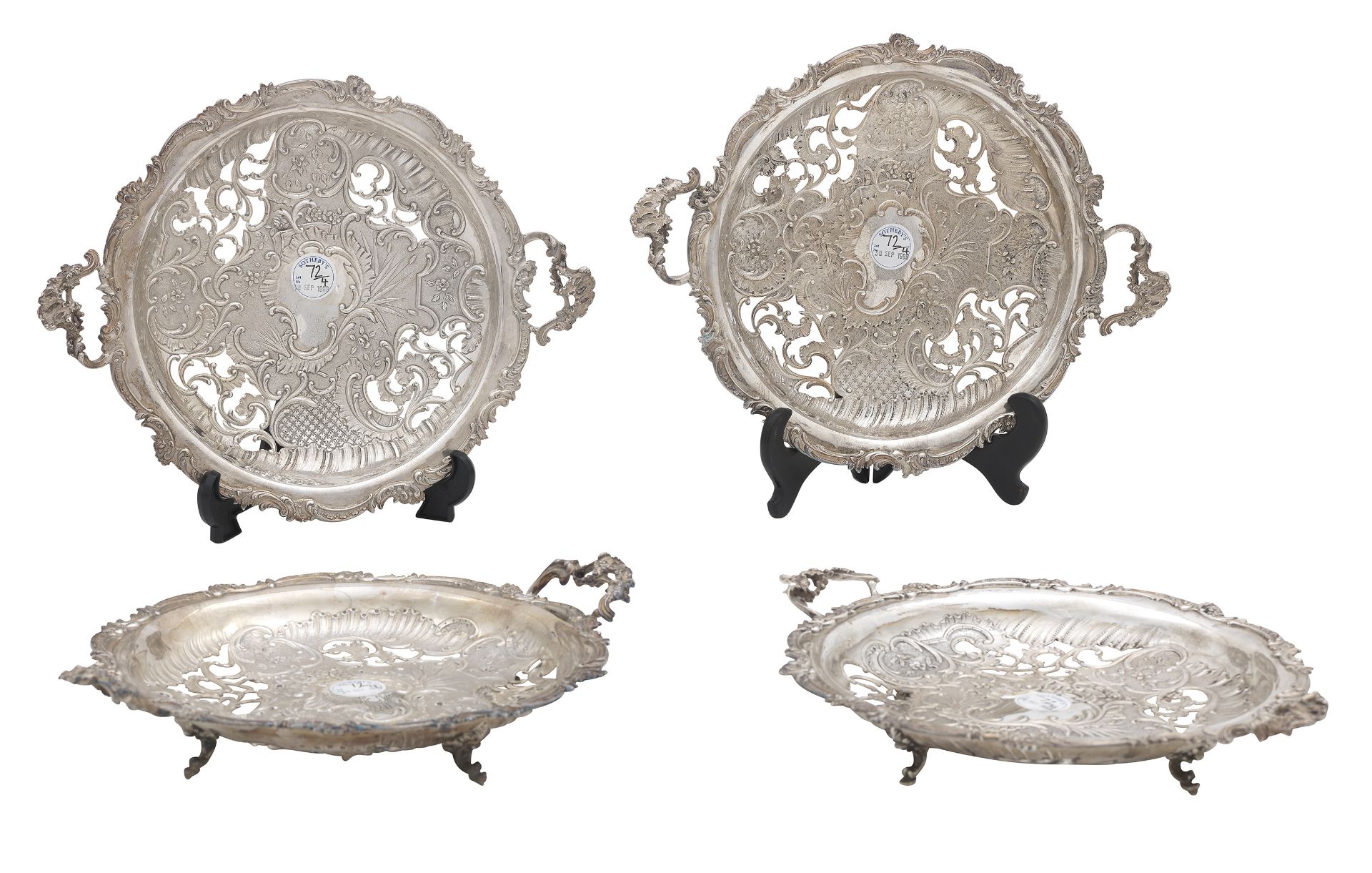 Four French silver pierced twin-handled dishes control marks, c1900