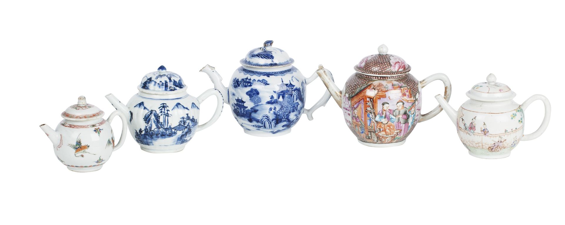 A collection of five export porcelain teapots, 18th century