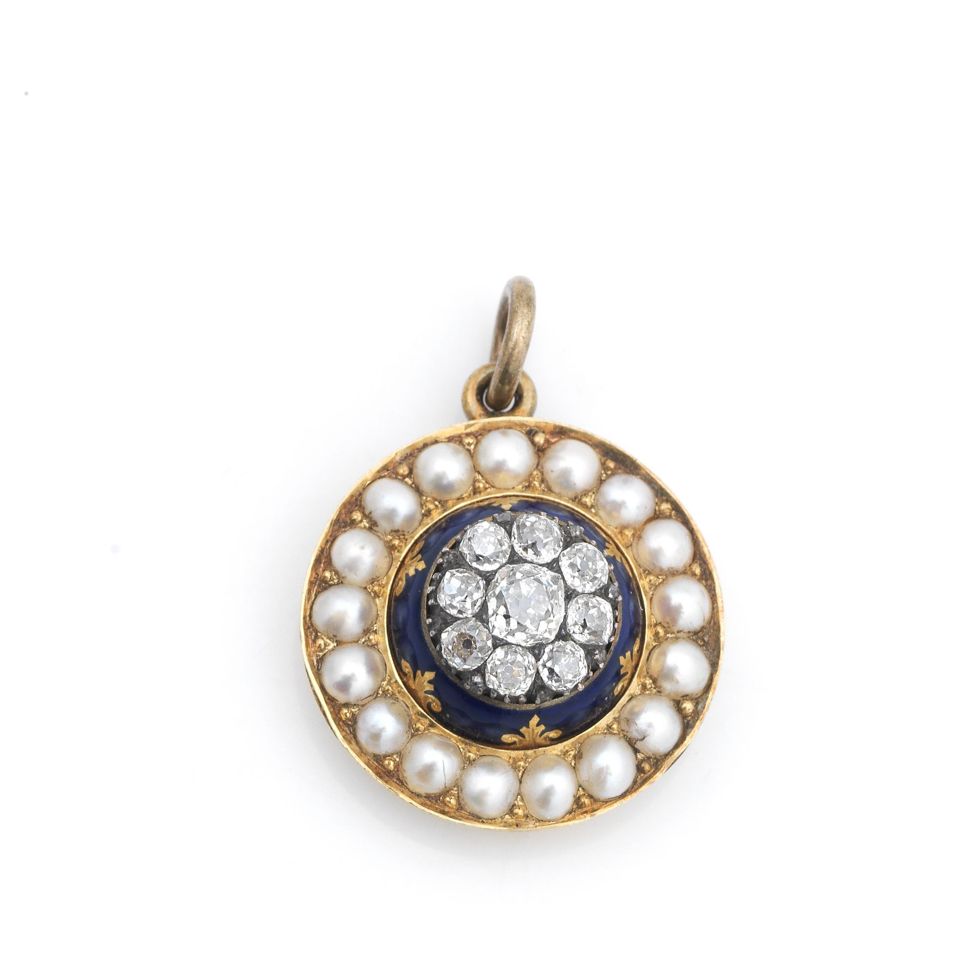 A diamond, cultured-pearl and enamelled pendant