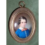 Continental School, circa 1840 A Young Boy, wearing buttoned blue smock with white collar and red...