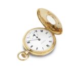 An 18k gold half-hunter keyless wind pocket watch