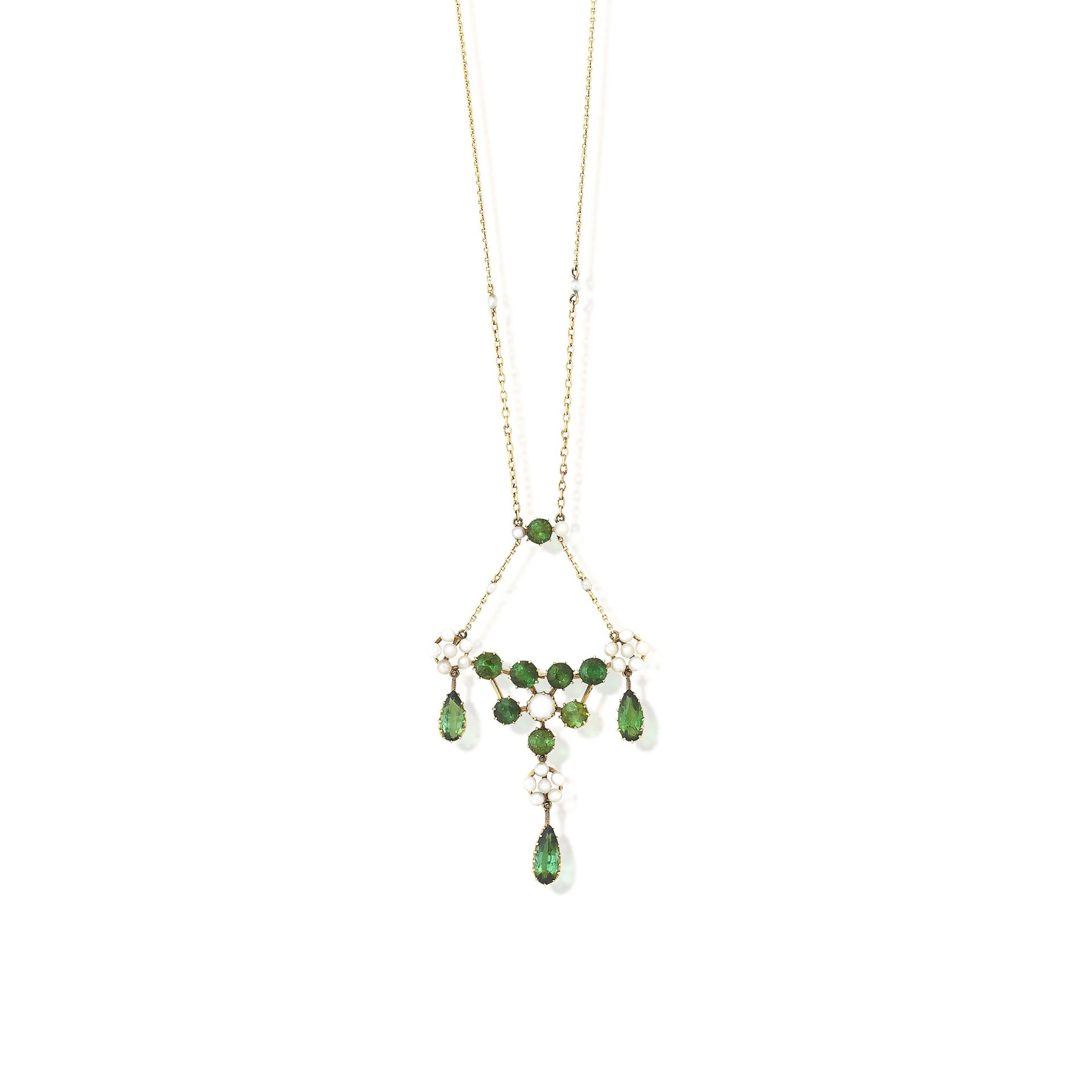 A green tourmaline and seed pearl necklace, Edwardian