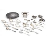 A silver waiter, also a small collection of silver tableware and flatware by James Dixon & Sons L...