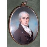 Philip Jean (British, 1755-1802) A Gentleman, wearing brown coat with silver buttons over frilled...