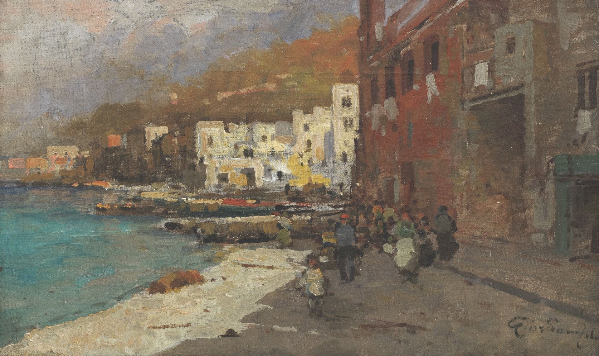 Felice Giordano (Italian, 1880-1964) A busy harbour town