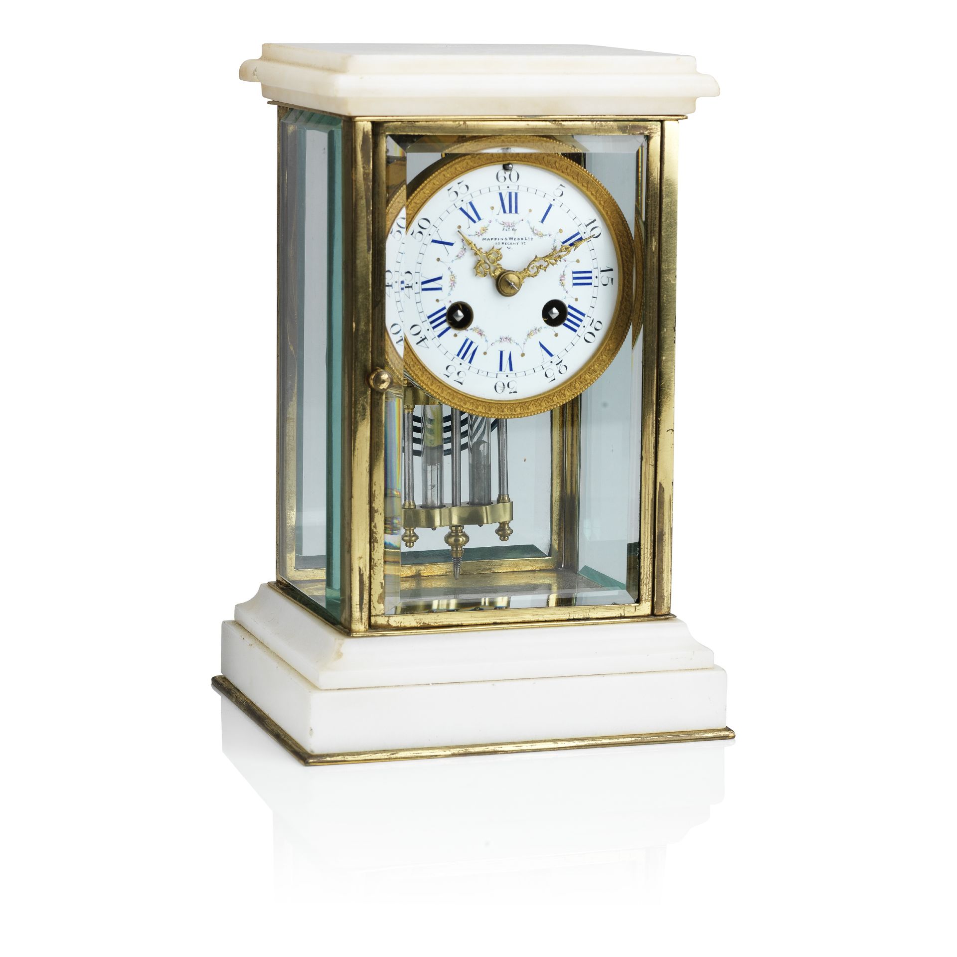 A French 19th century brass and marble mounted mantel clock Inscribed to the dial 'Mappin & Webb ...