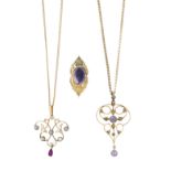 An amethyst brooch and two gem-set pendants with chains