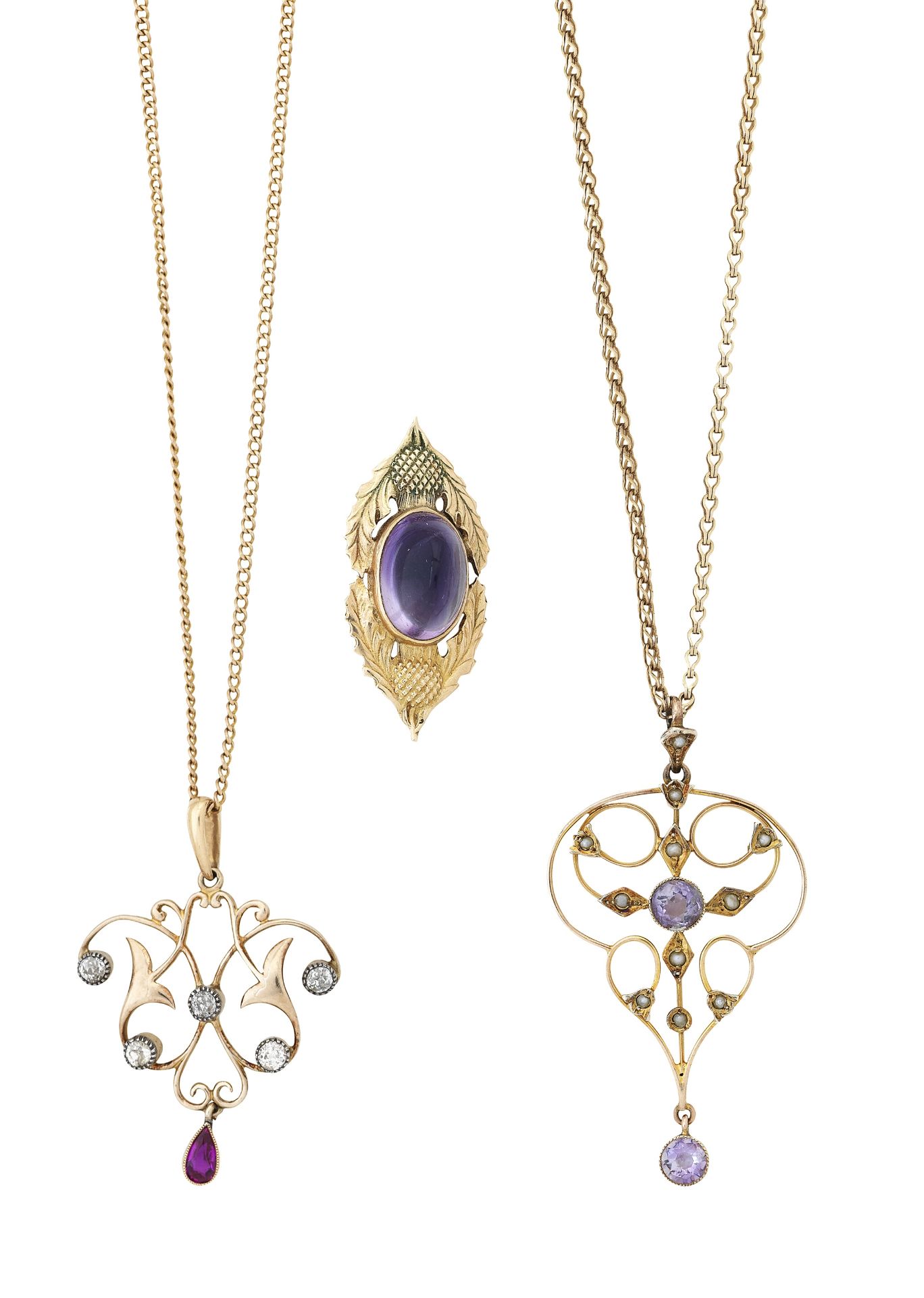 An amethyst brooch and two gem-set pendants with chains