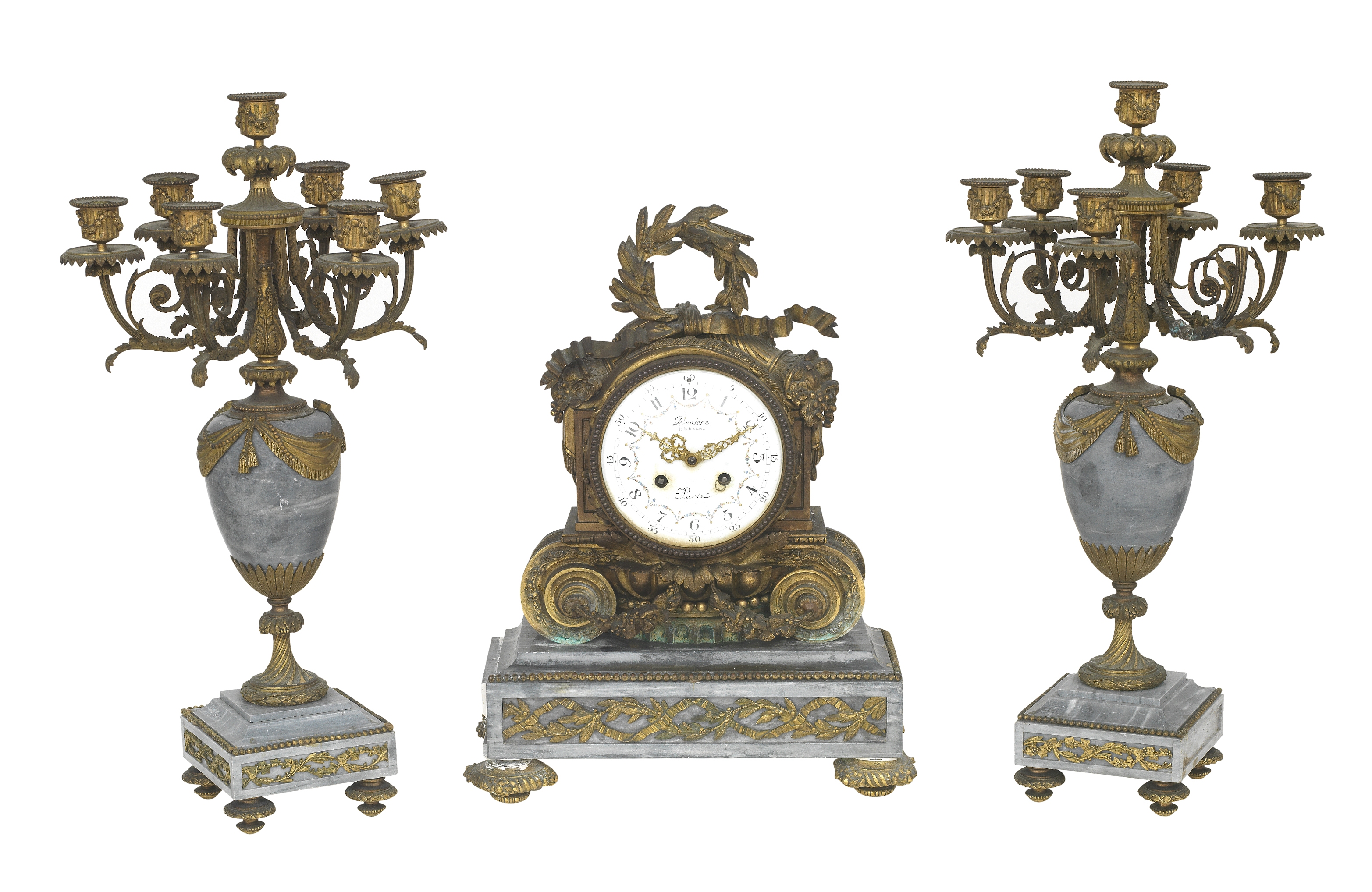 A 19th century French Ormolu and grey marble garniture Inscribed to the dial Deniere Ft De Bronze...