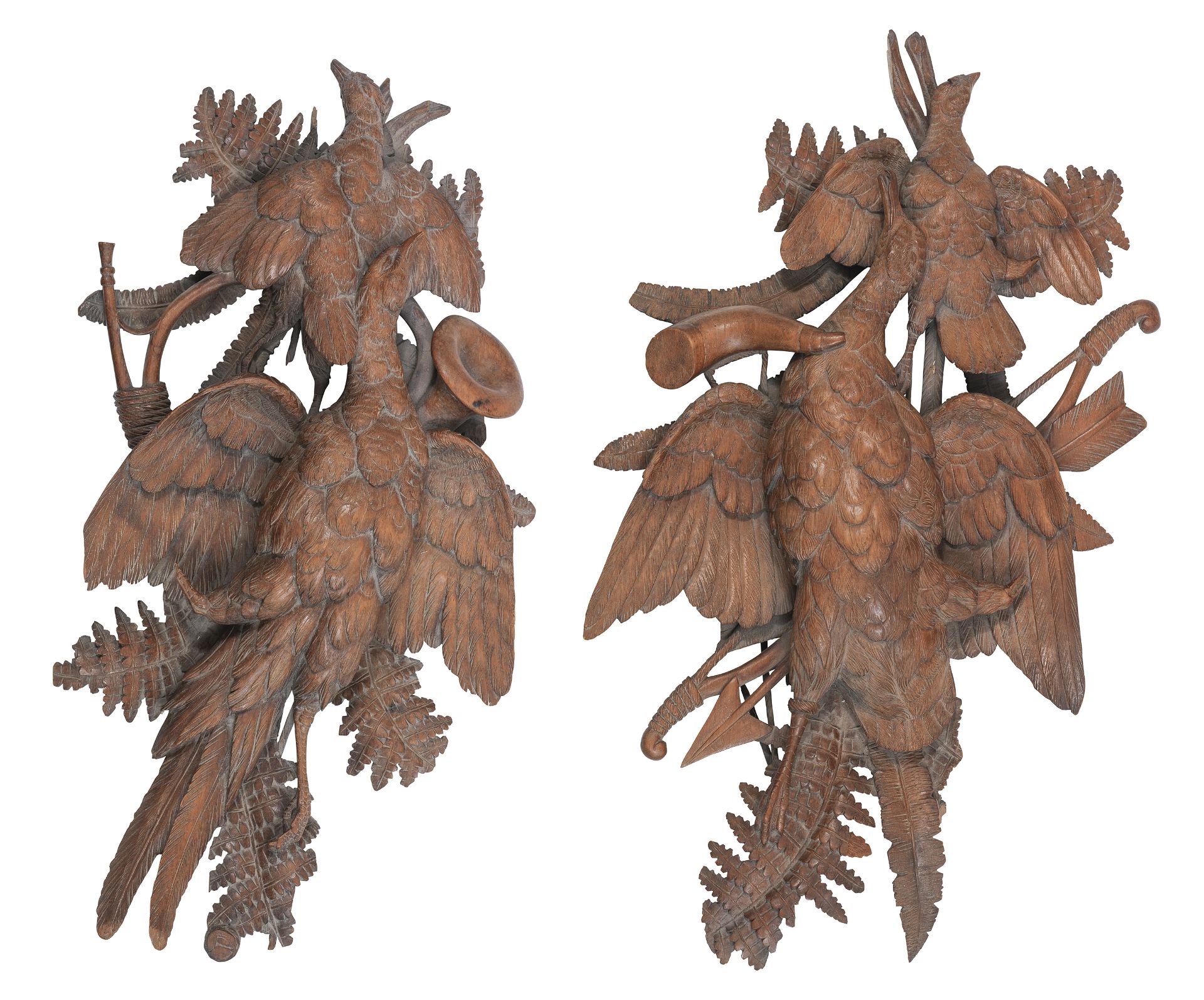 A PAIR OF BLACK FOREST CARVED WALNUT HUNTING TROPHIES OF DEAD GAMEBIRDS (2)