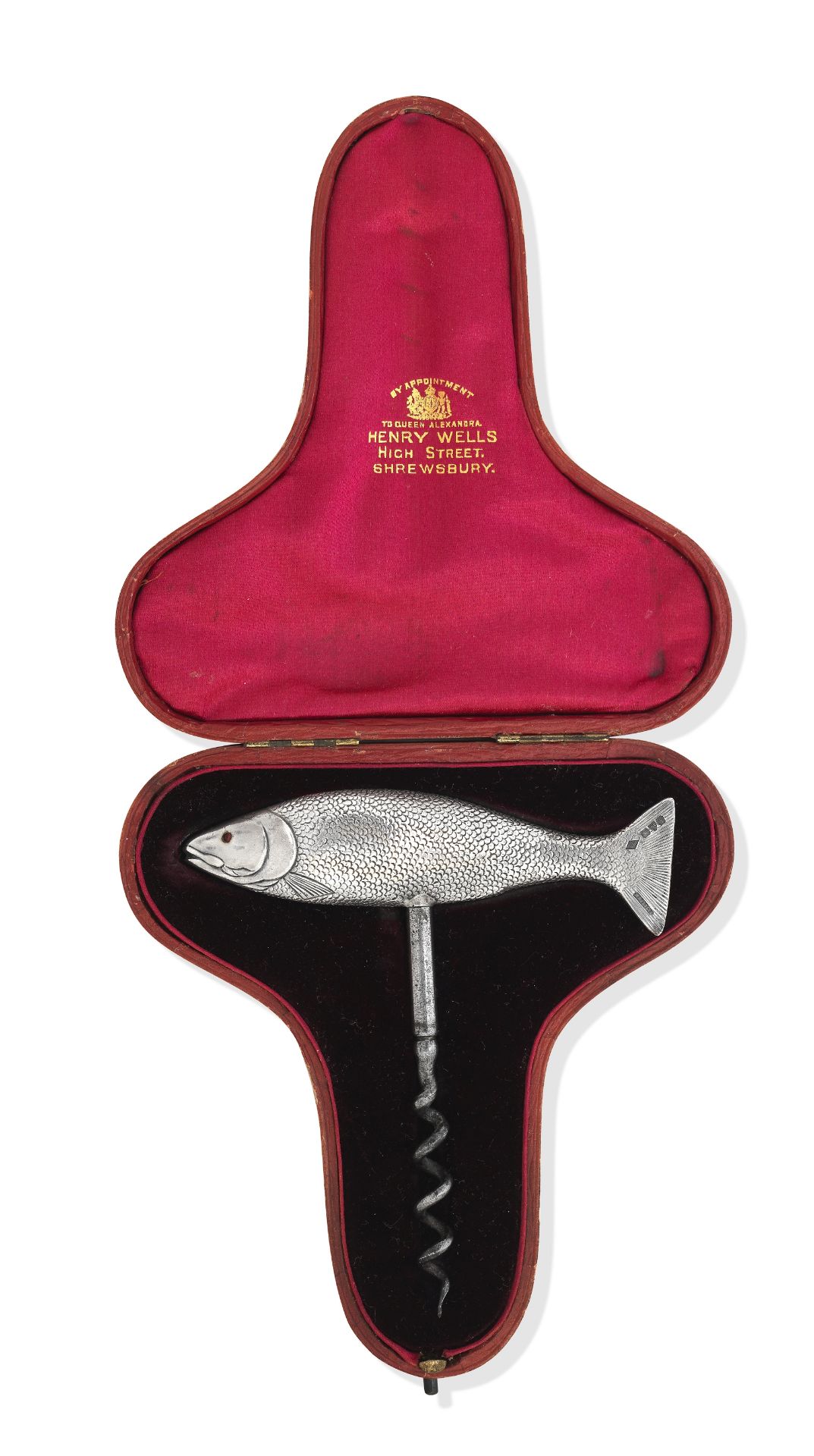 A silver corkscrew in the form of a salmon hallmarks for Henry Wells, Chester, 1914