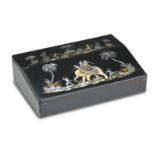 A 19TH CENTURY MAHOGANY EBONISED AND INLAID WRITING SLOPE DEPICTING A TIGER HUNT BY CHARLES NEPHE...