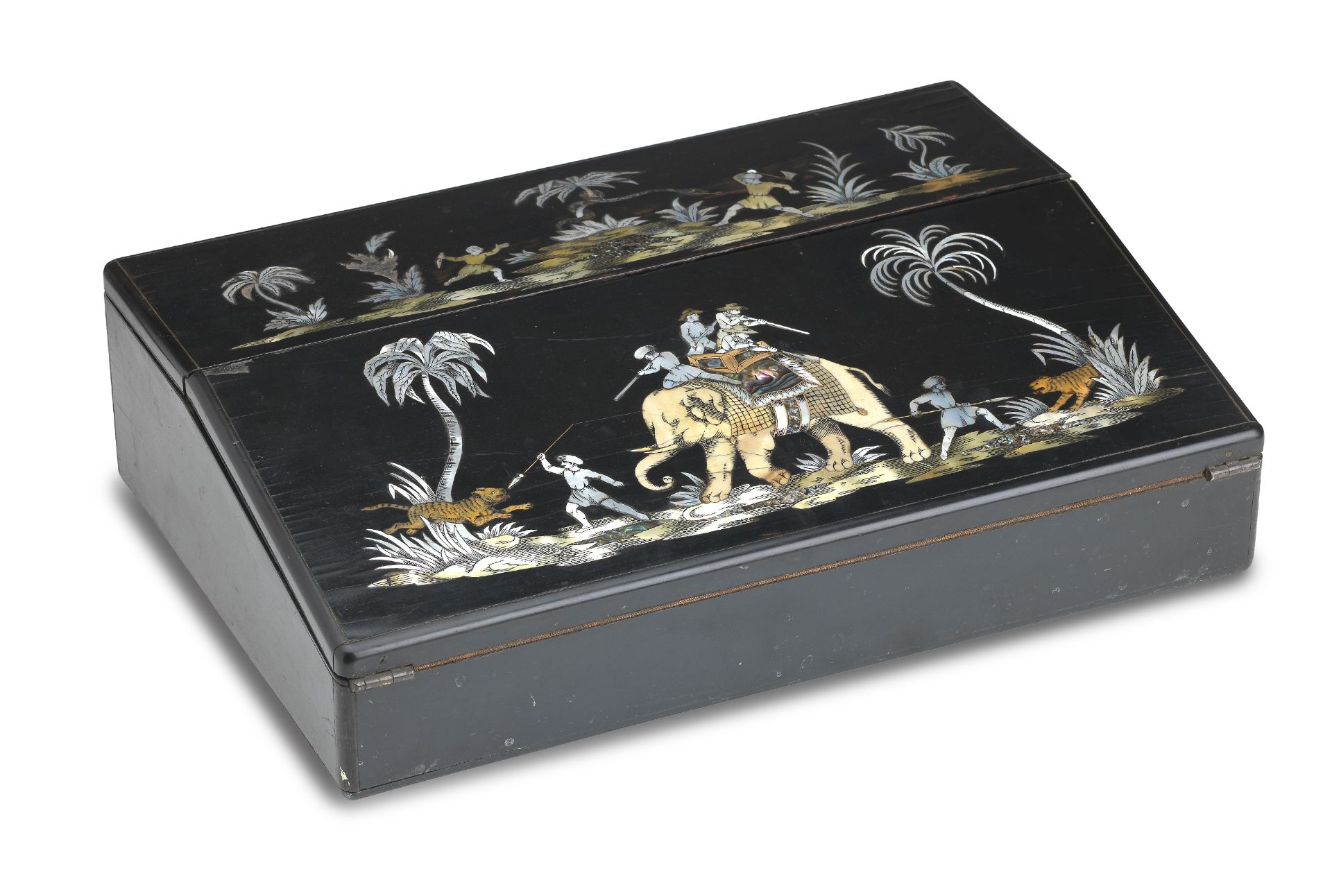 A 19TH CENTURY MAHOGANY EBONISED AND INLAID WRITING SLOPE DEPICTING A TIGER HUNT BY CHARLES NEPHE...