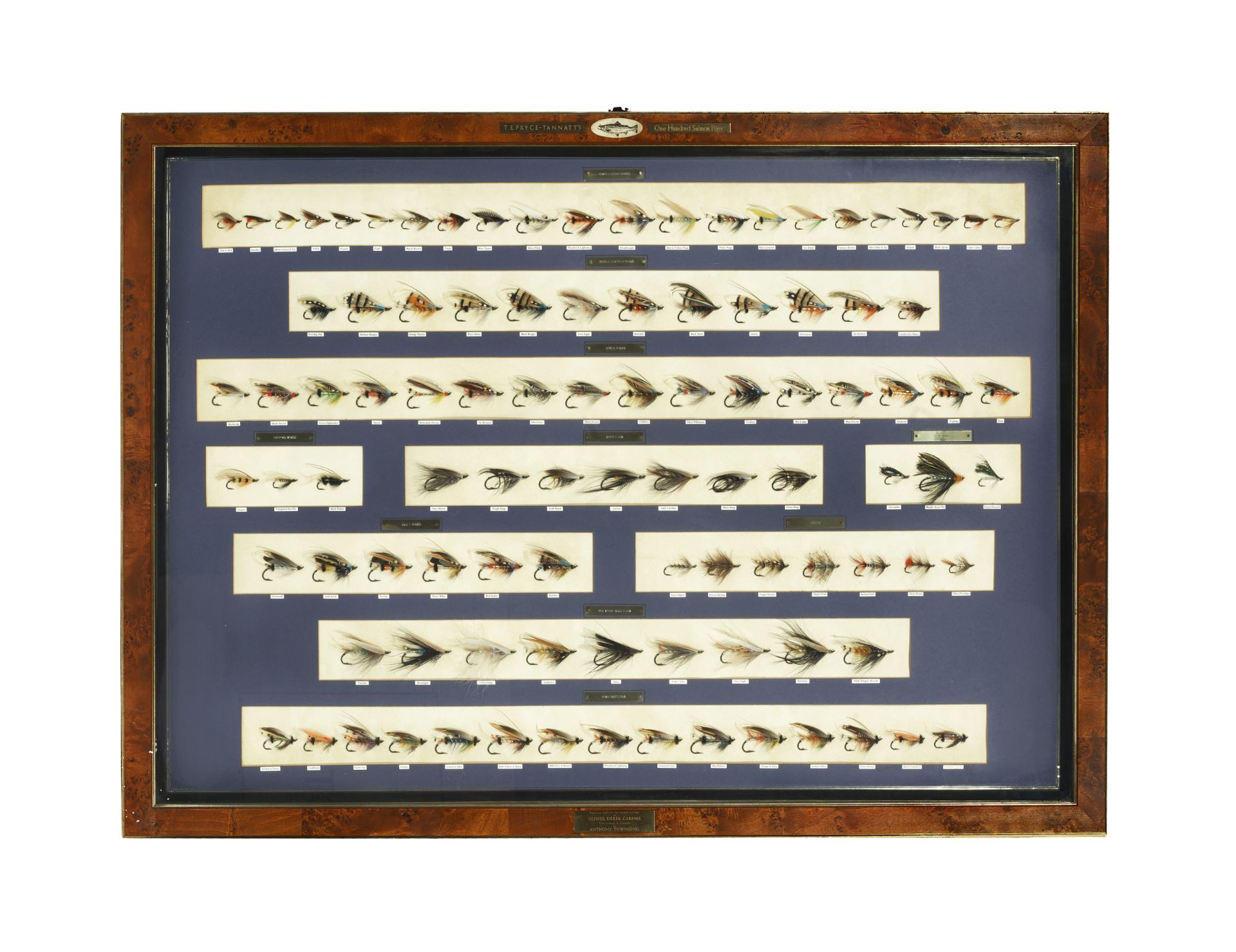 A large framed display of 100 fully-dressed Salmon flies after T.E. Pryce-Tannant and by Anthony ...