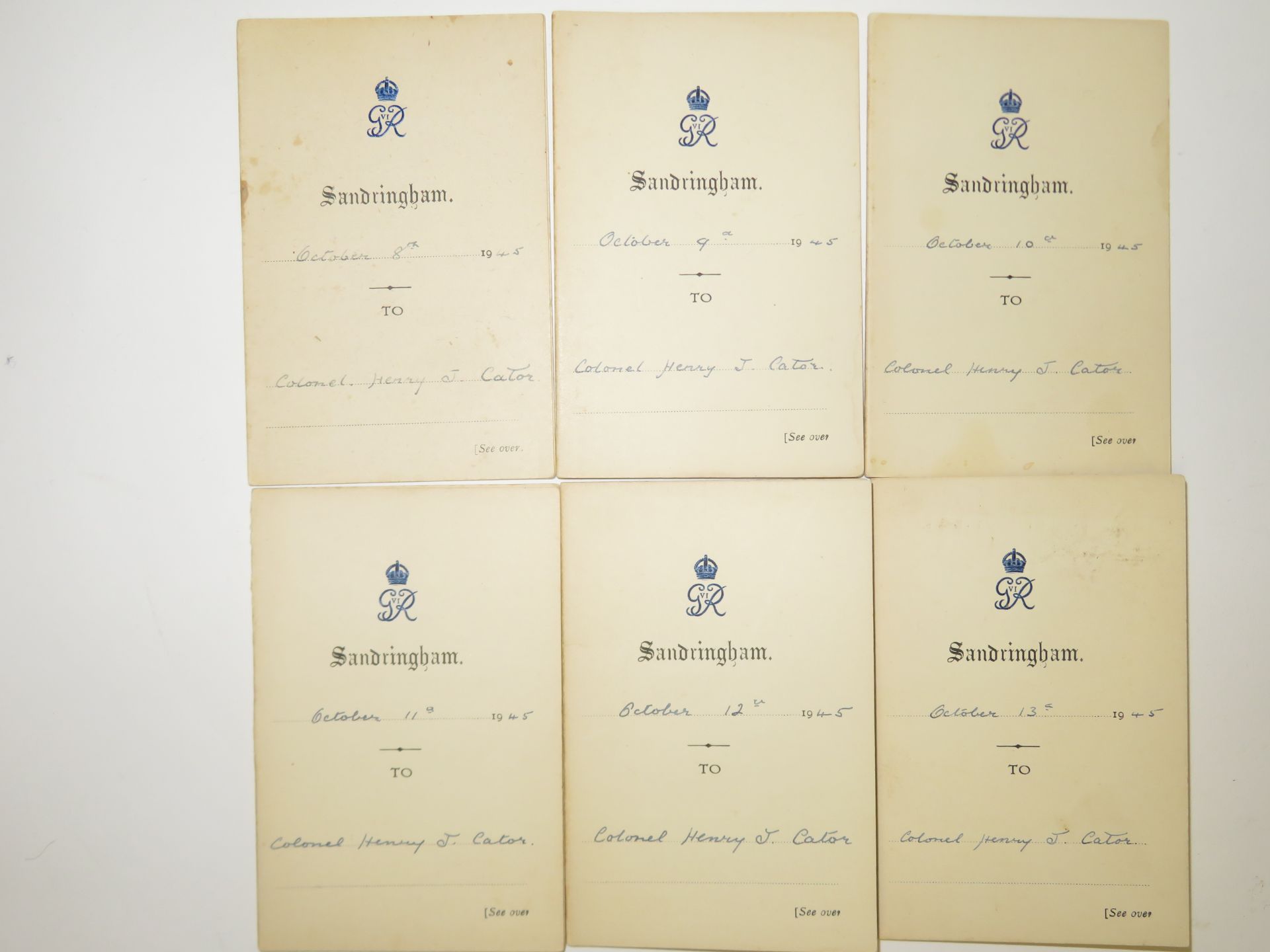 A group of Sandringham Shoot Cards for Lt.Col. Henry J Cator OBE MC and Maj. Harry Cator