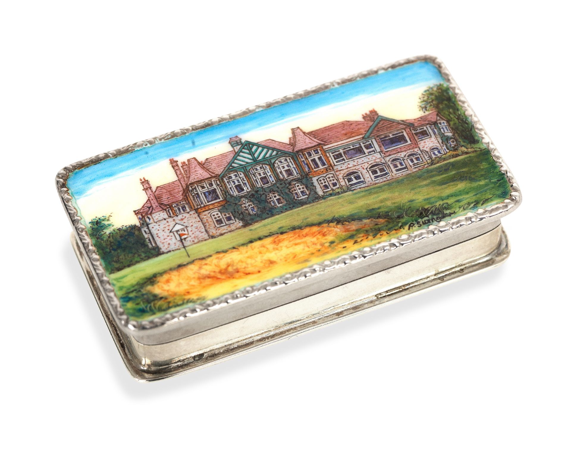 A silver and enamel snuff box depicting Royal Lytham & St. Annes Golf Club by Garrard & Co, Bir...