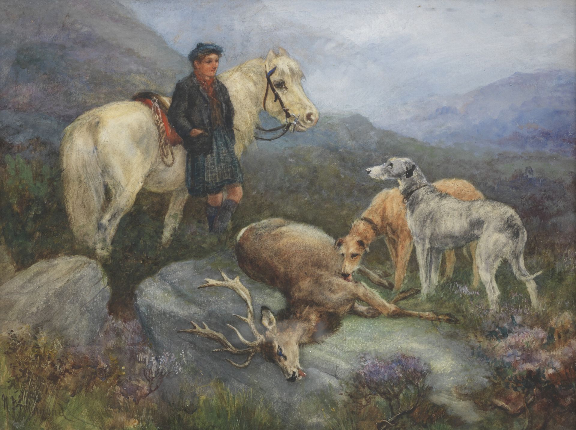 Nora Drummond (British, 1862-1949) Young Ghillie with Pony, Stag and Deerhounds