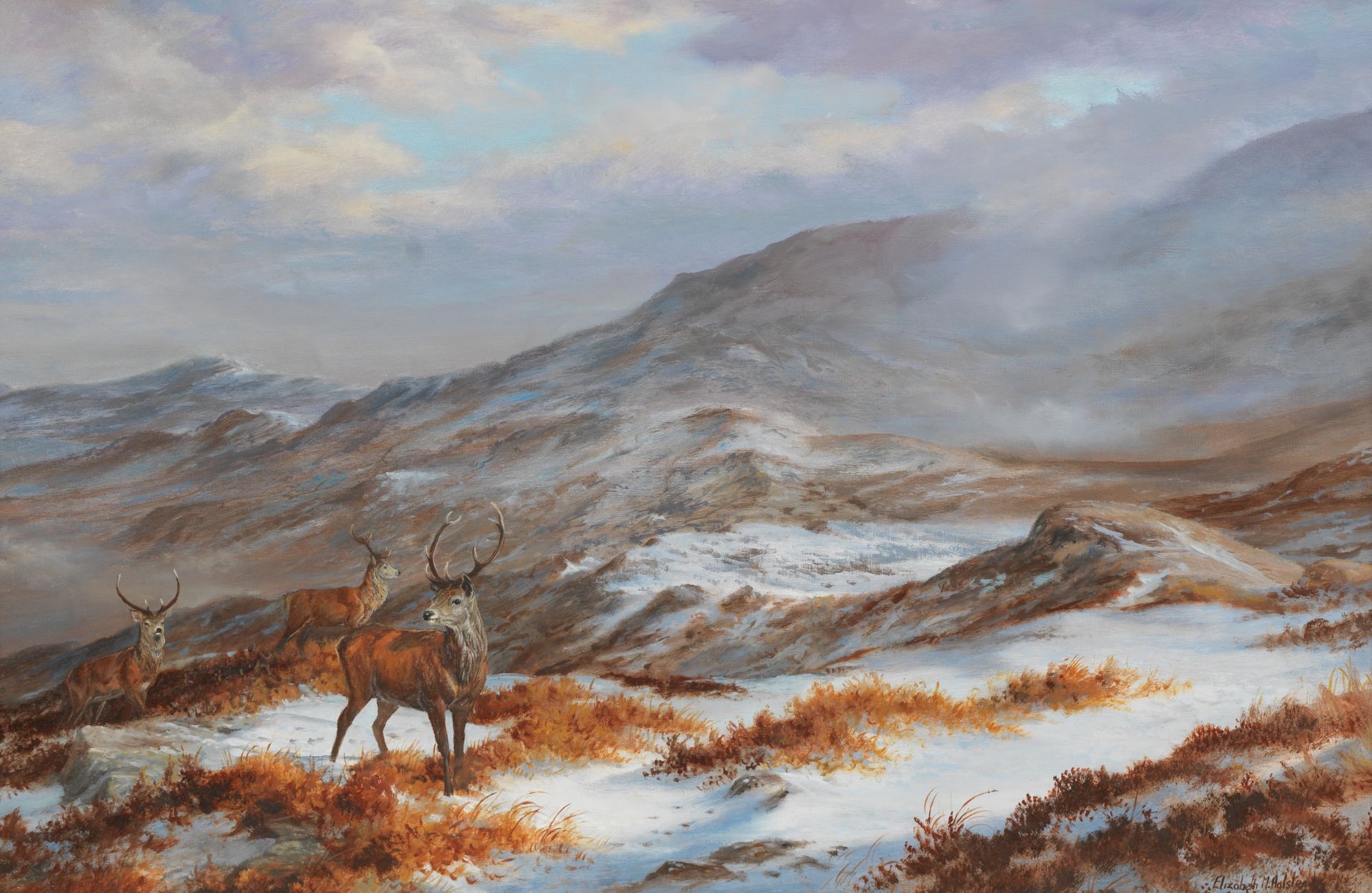 Elizabeth Halstead (British, 20th Century) High Tops & Deer in a Glen 39 x 60cm (15 3/8 x 23 5/8i...