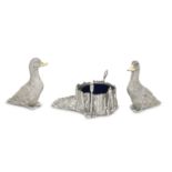 A silver three piece 'duck and pond' cruet set London 1988 William Comyns & Sons Ltd (3)