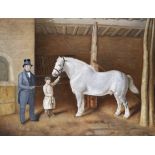 English School (19th Century) Grey Draft Horse with Owner and Boy in Stable