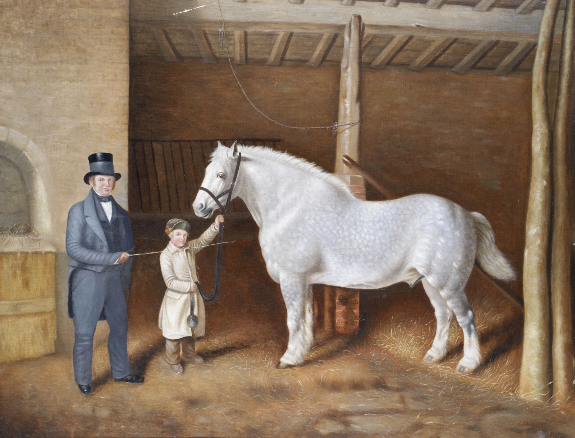 English School (19th Century) Grey Draft Horse with Owner and Boy in Stable