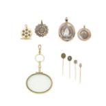 Collection of mourning jewellery and a magnifying glass, late 18th - mid 19th century (9)