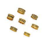 Seven gold and enamel mourning rings, 1827-1838 (7)