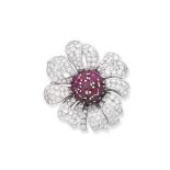 Ruby and diamond flower brooch