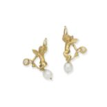 Natural pearl and diamond earrings,