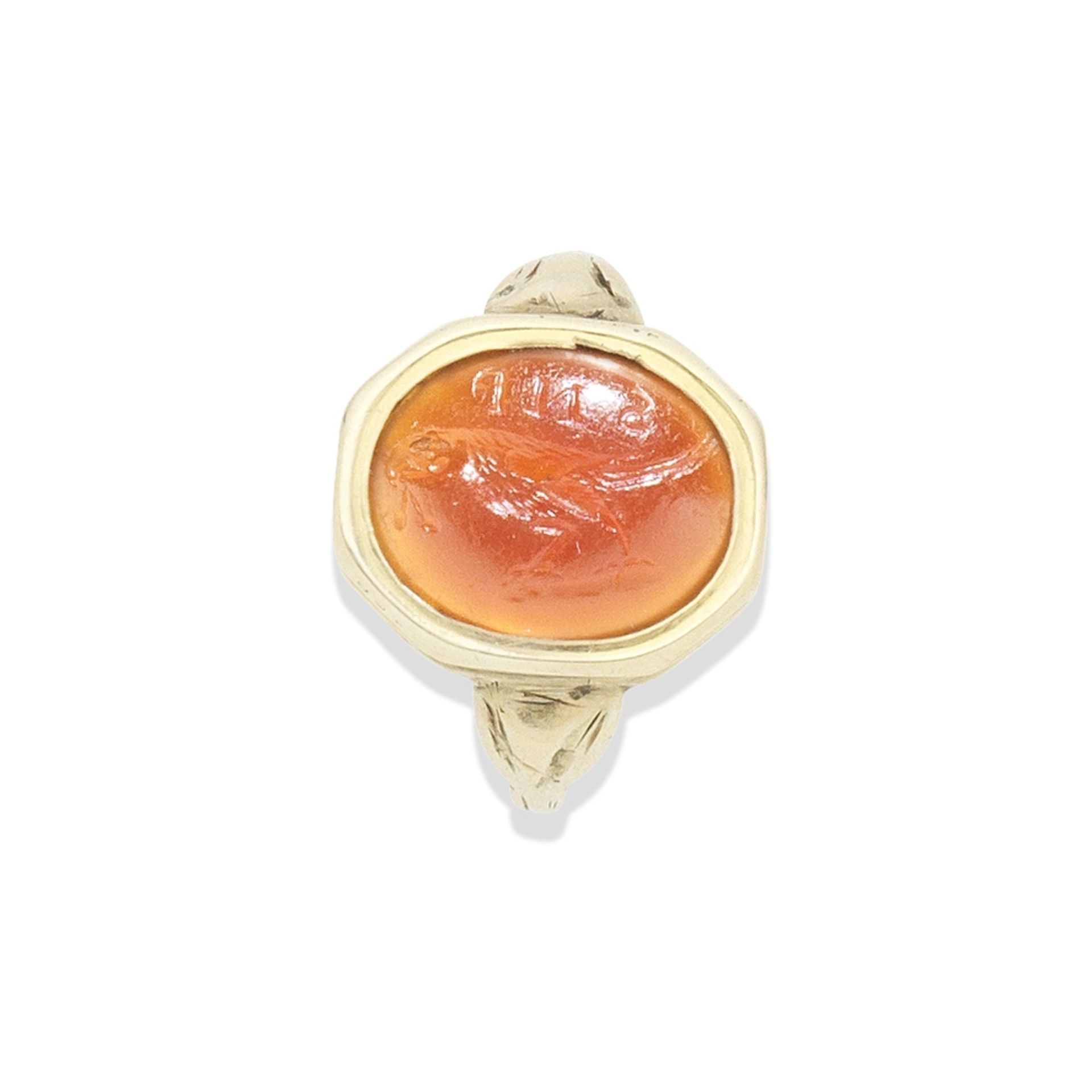 A Roman carnelian intaglio of a parrot,