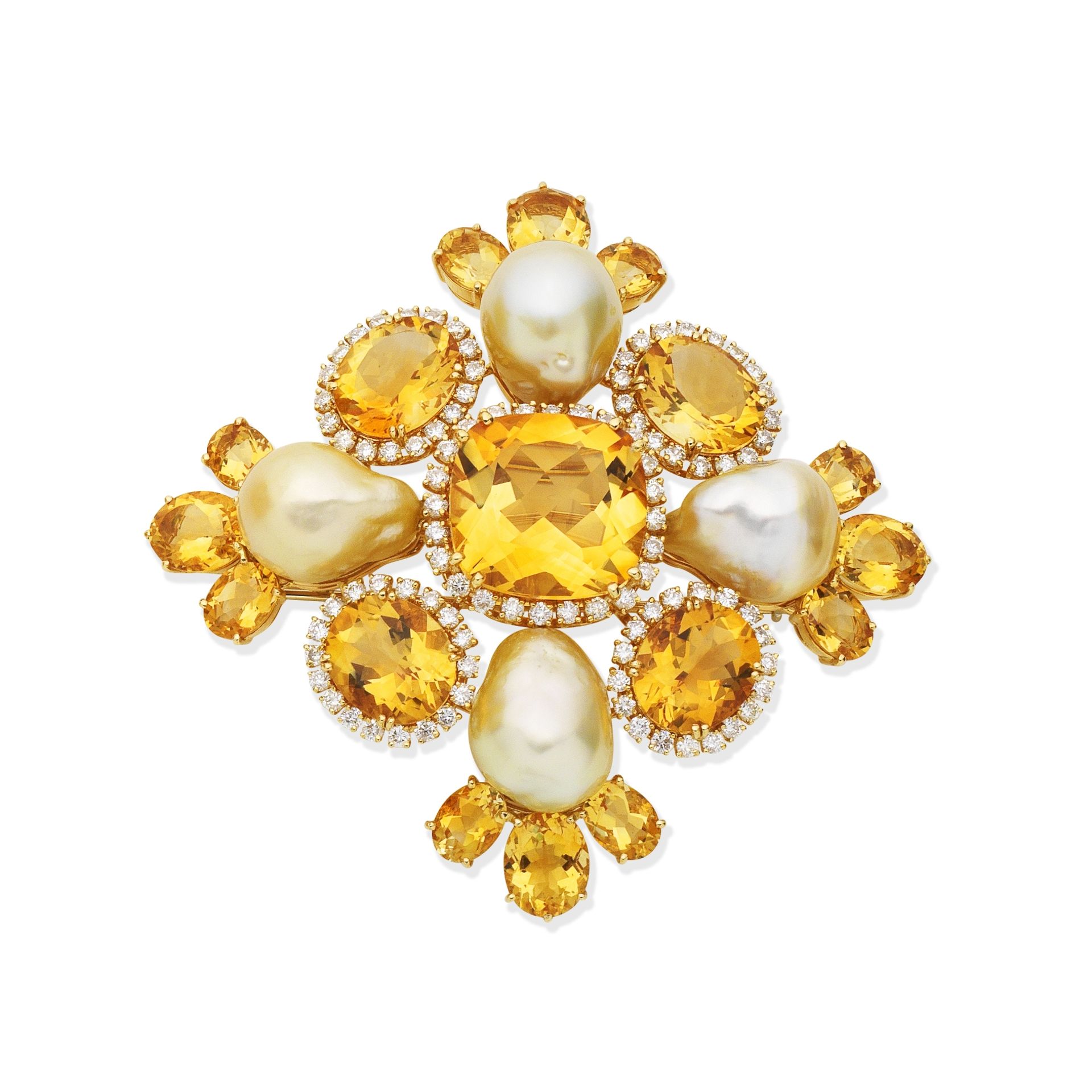 Citrine, cultured pearl and diamond brooch