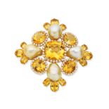 Citrine, cultured pearl and diamond brooch