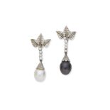 Cultured pearl and diamond pendent earrings