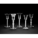 Five airtwist wine glasses, circa 1750