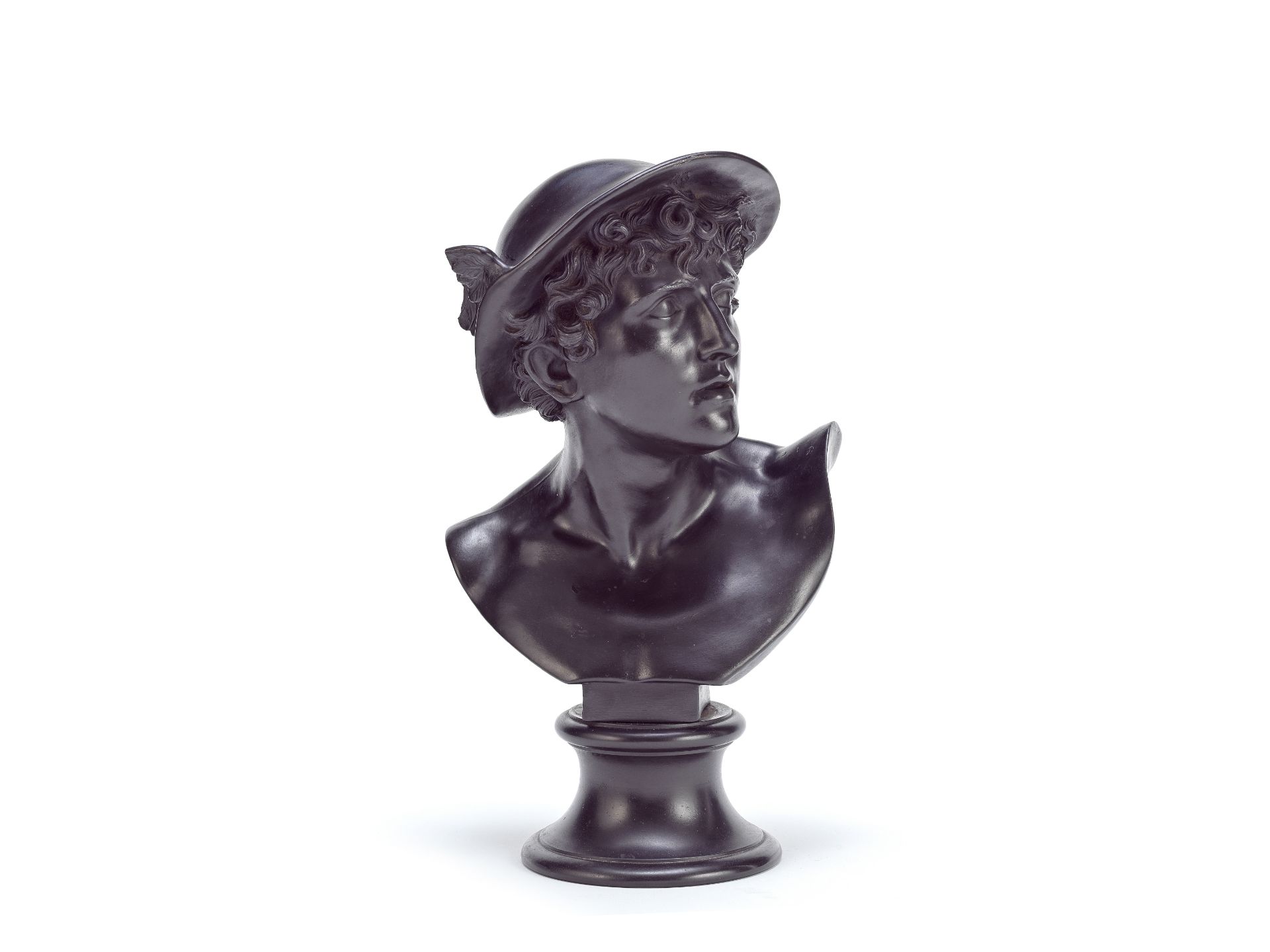 A Wedgwood black basalt bust of Mercury, dated 1878