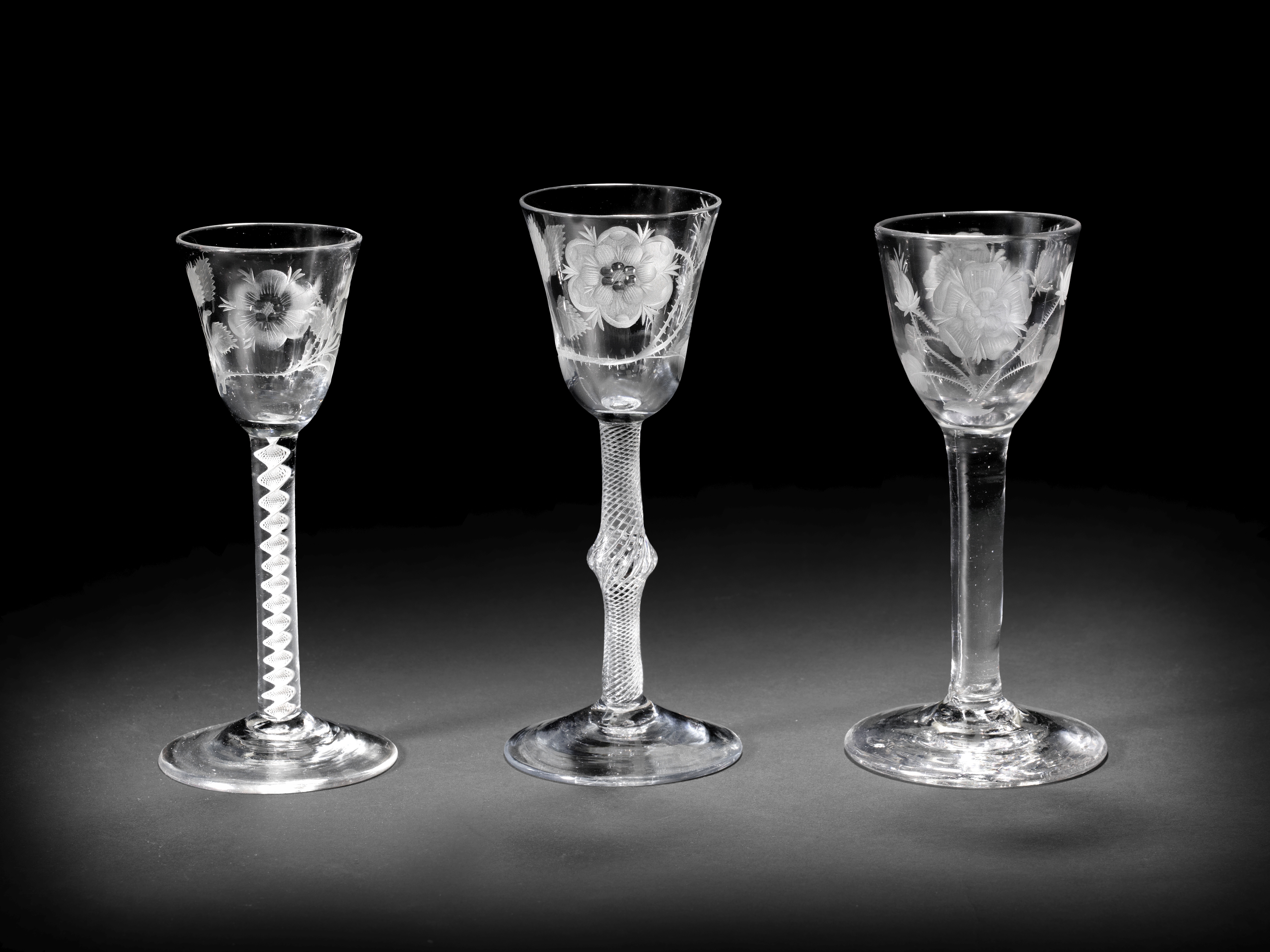 Three Jacobite engraved wine glasses, circa 1750-60