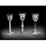 Three Jacobite engraved wine glasses, circa 1750-60