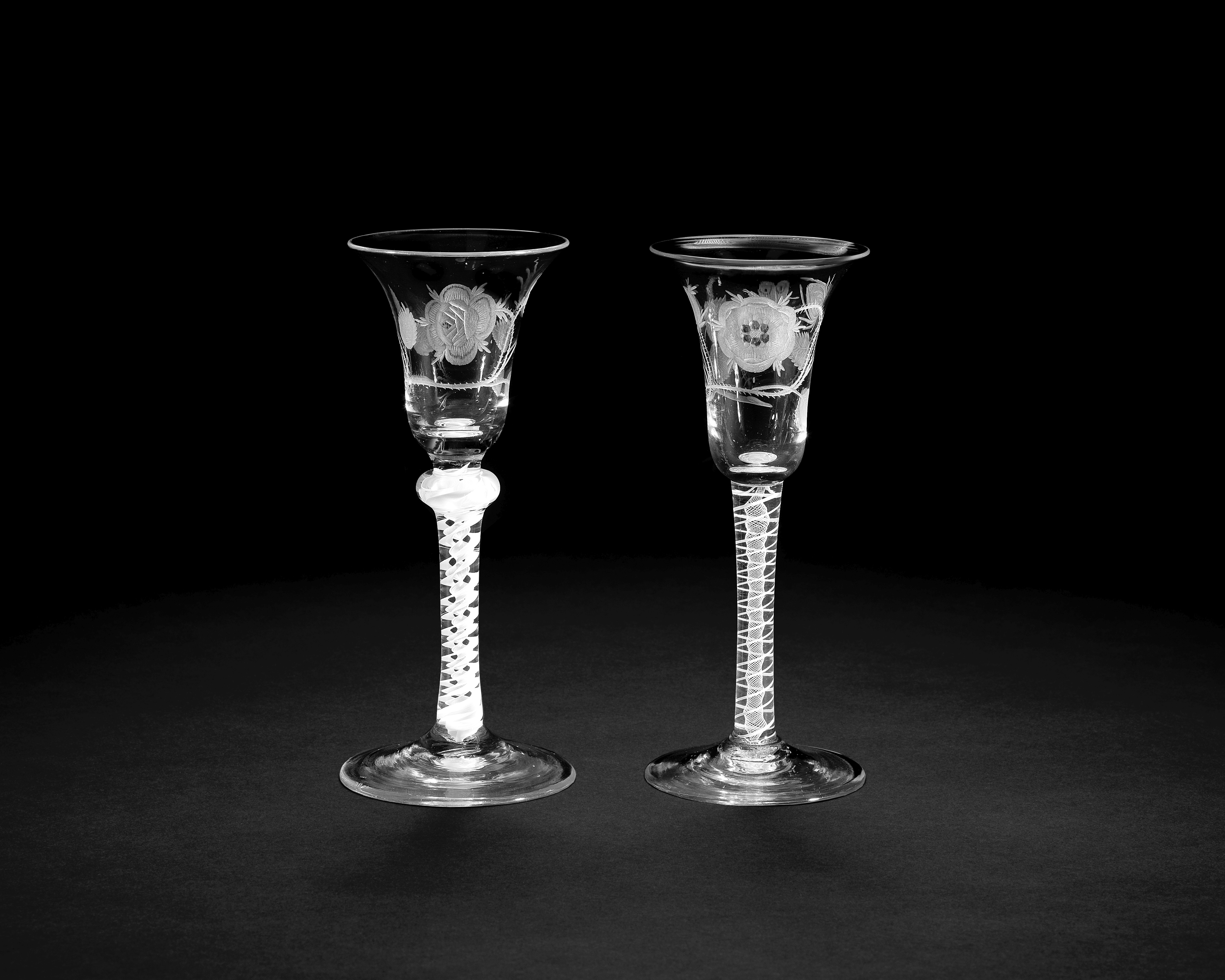 Two engraved opaque twist wine glasses of Jacobite interest, circa 1760-65