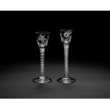Two engraved opaque twist cordial glasses, circa 1765