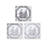 Three Liverpool delftware woodblock tiles, circa 1756-57