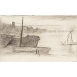 James Abbott McNeill Whistler (American, 1834-1903) Chelsea Bridge and Church Etching, 1871, on c...