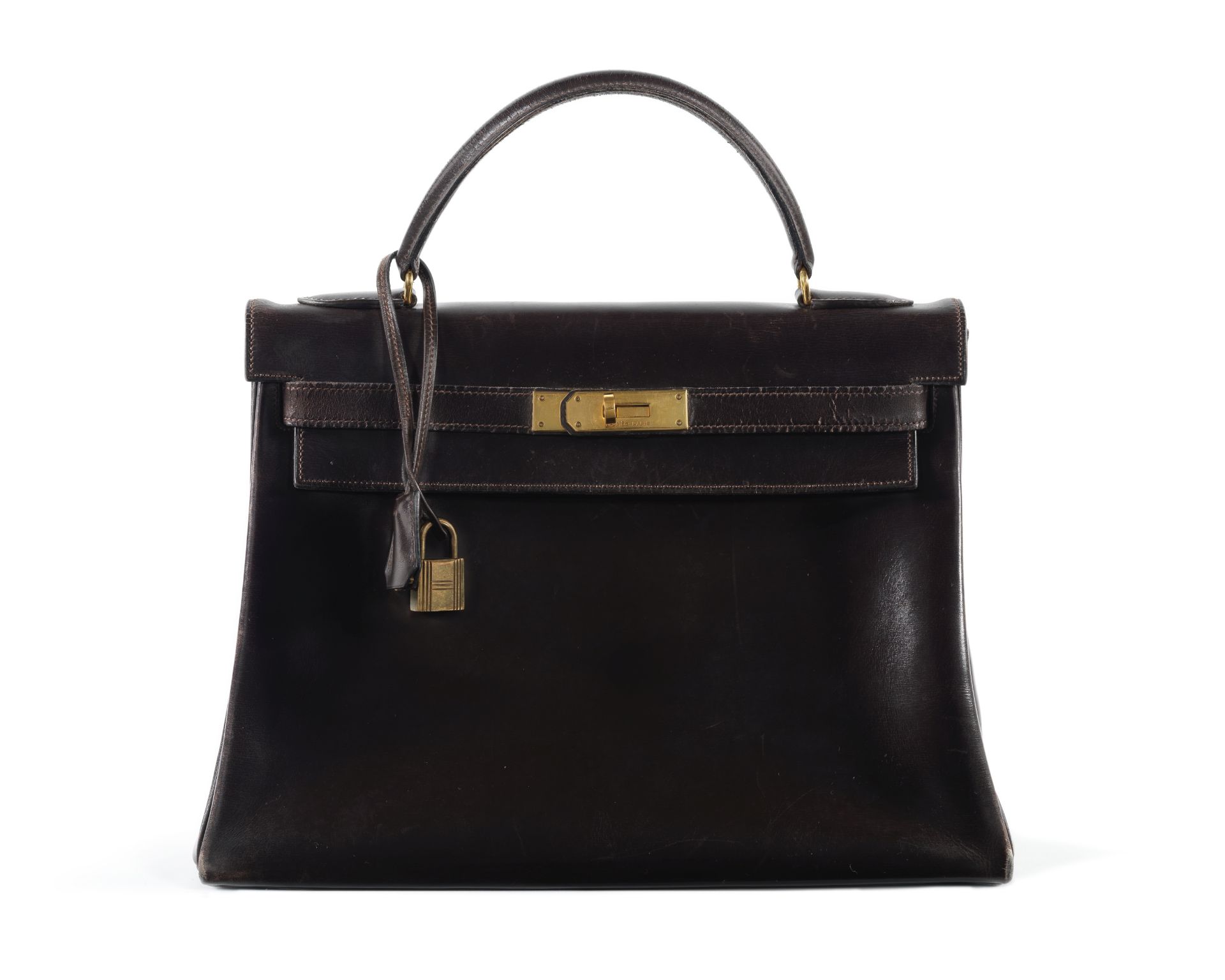 Chocolate Brown Box Kelly Retourne 32, Hermès, c. 1979, (Includes padlock, key, and cloche)