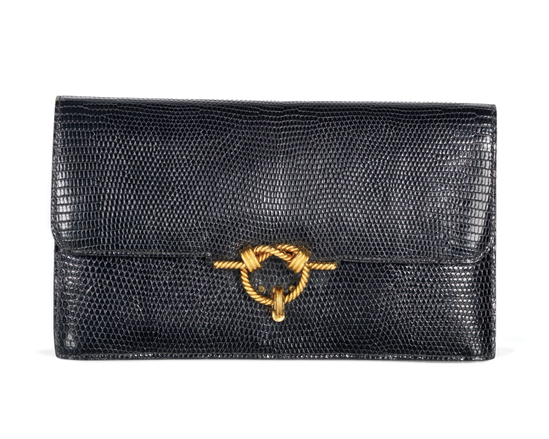 Black Lizard Sac Cordeliere Clutch, Hermès, 1960s, (Includes original mirror)