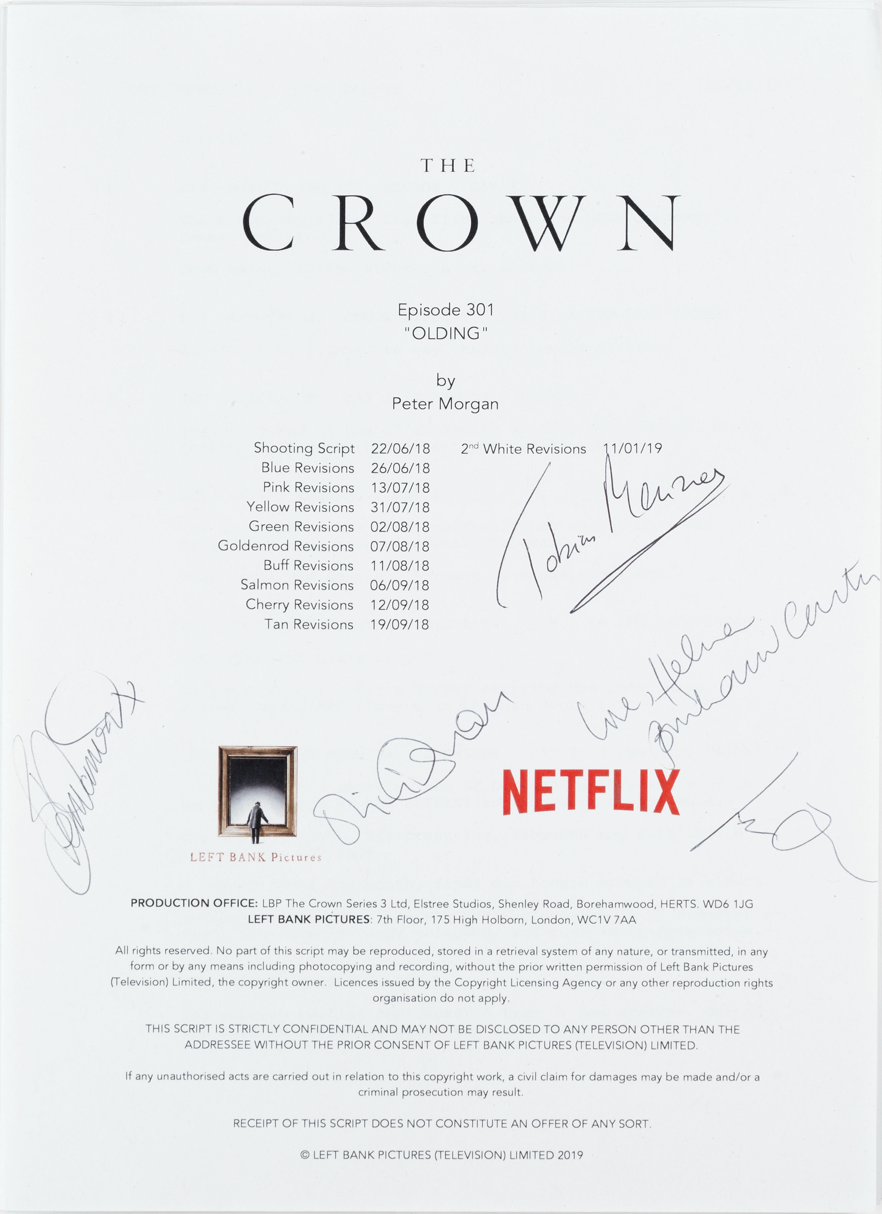The Crown: An autographed script for Series 3, Episode 1 'Olding', Left Bank Pictures / Sony Pict...