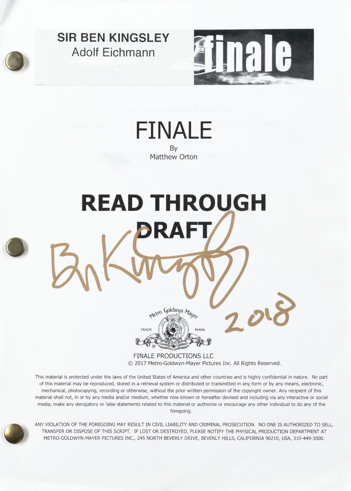 Operation Finale: A read through draft script signed by Sir Ben Kingsley, MGM, 2018, 2