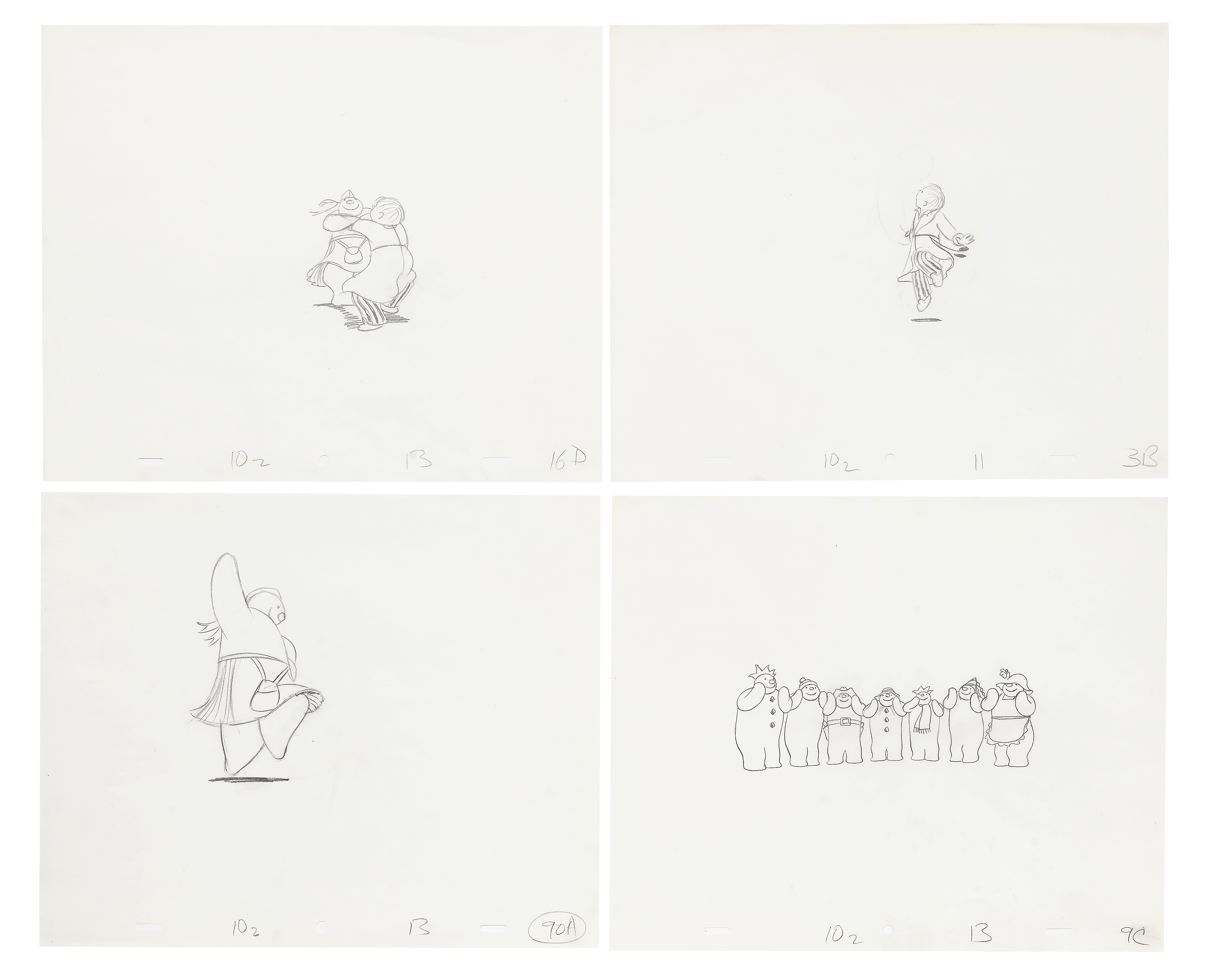 The Snowman: Four original animation drawings of James and the party scene, 1982, 4