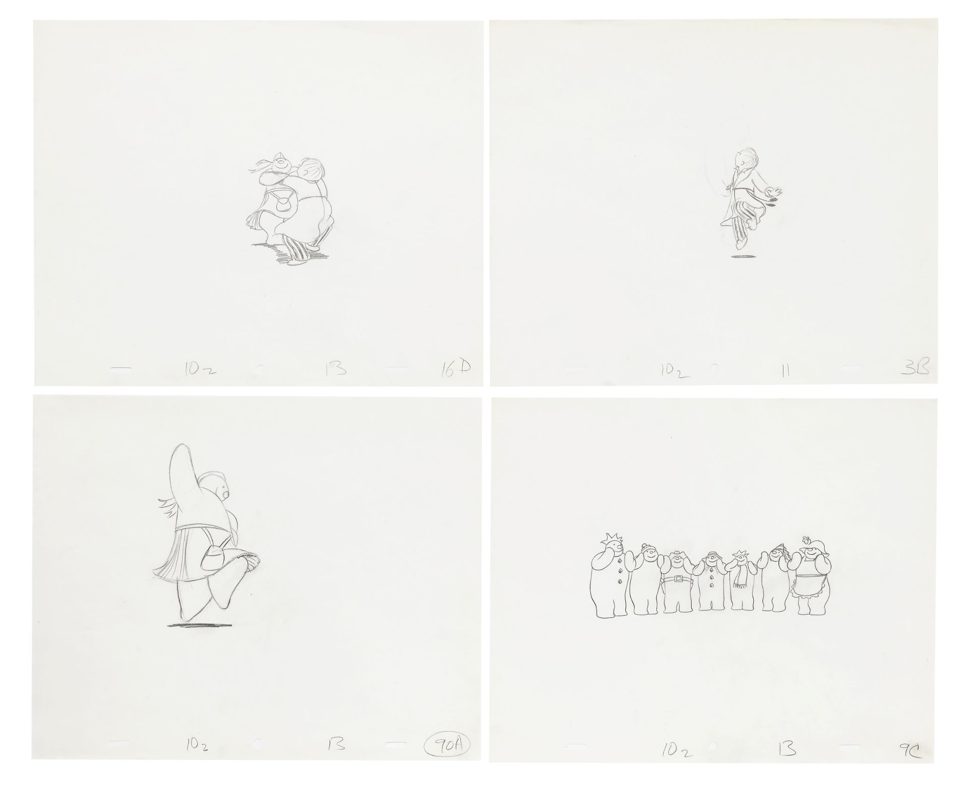 The Snowman: Four original animation drawings of James and the party scene, 1982, 4