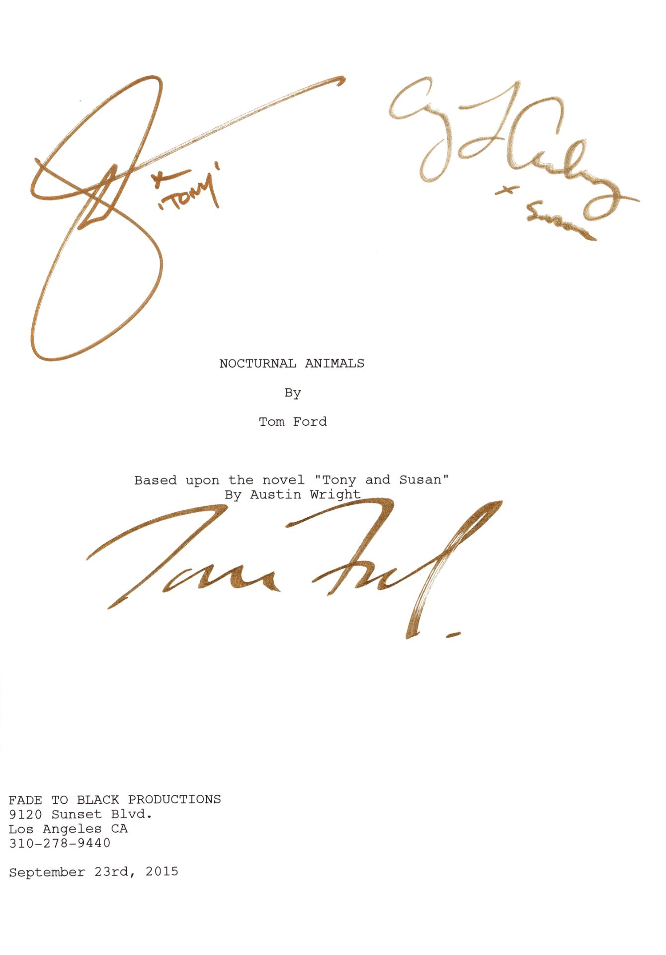 Nocturnal Animals: A signed script, Fade To Black Productions, 2016,