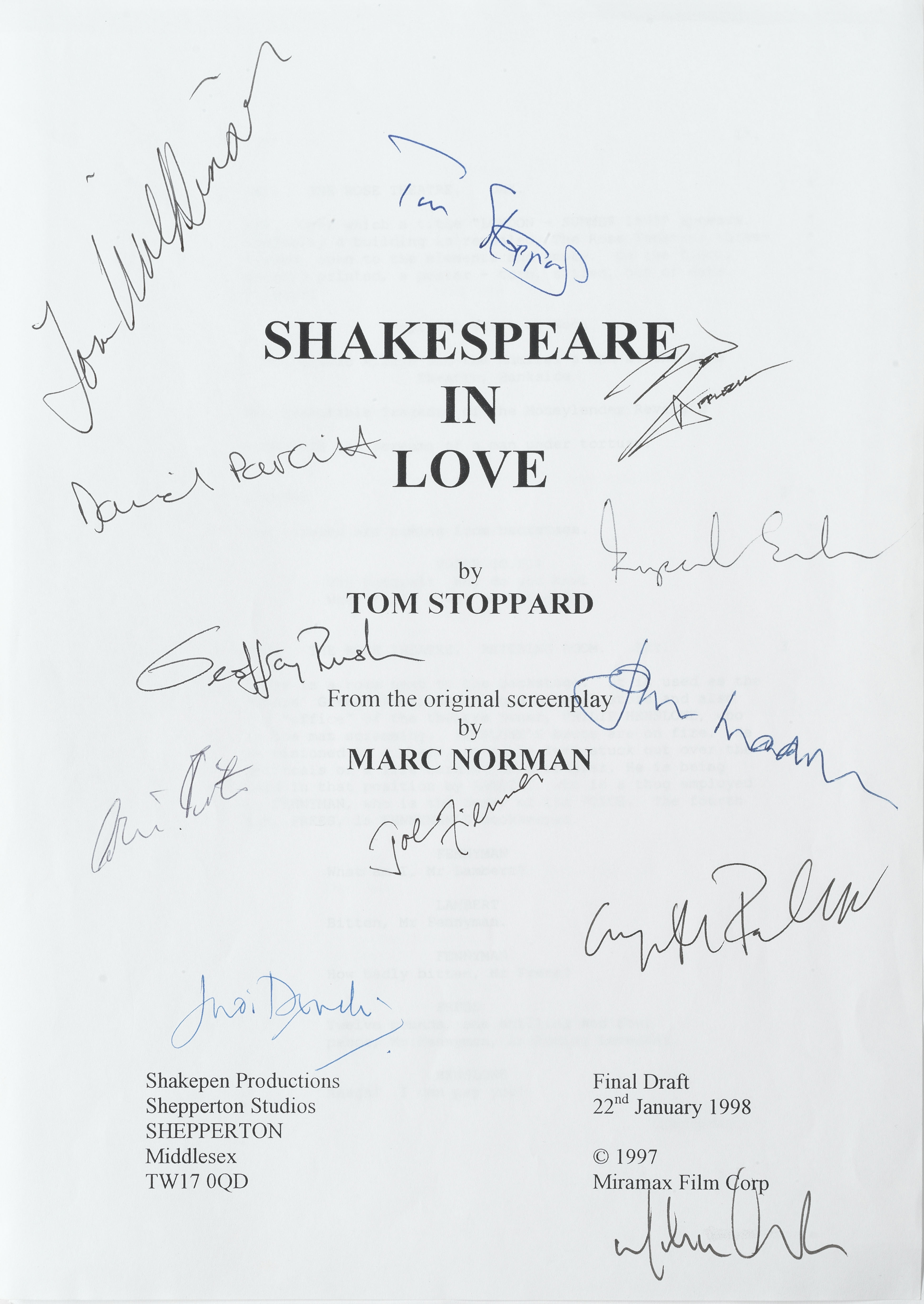 Shakespeare In Love: An autographed screenplay script, Shakepen Productions / Miramax Film Corp, ...