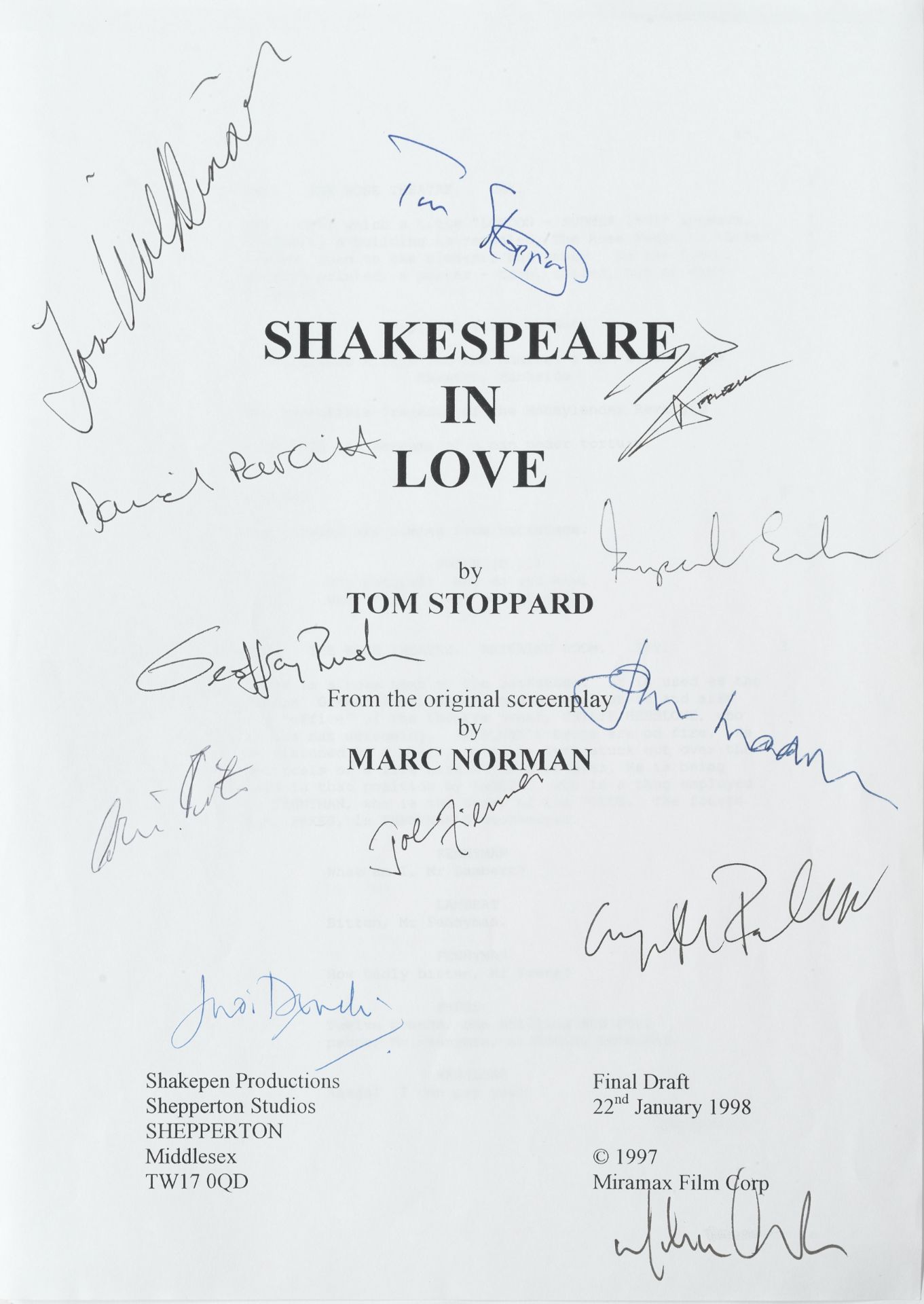 Shakespeare In Love: An autographed screenplay script, Shakepen Productions / Miramax Film Corp, ...